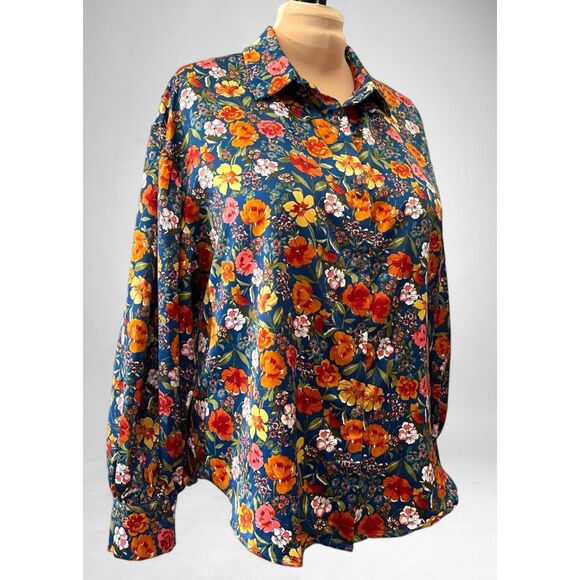 GeeGee "Found You" Blue Floral Satan Bubble Sleeve Blouse, Size 1X - Picture 3 of 8